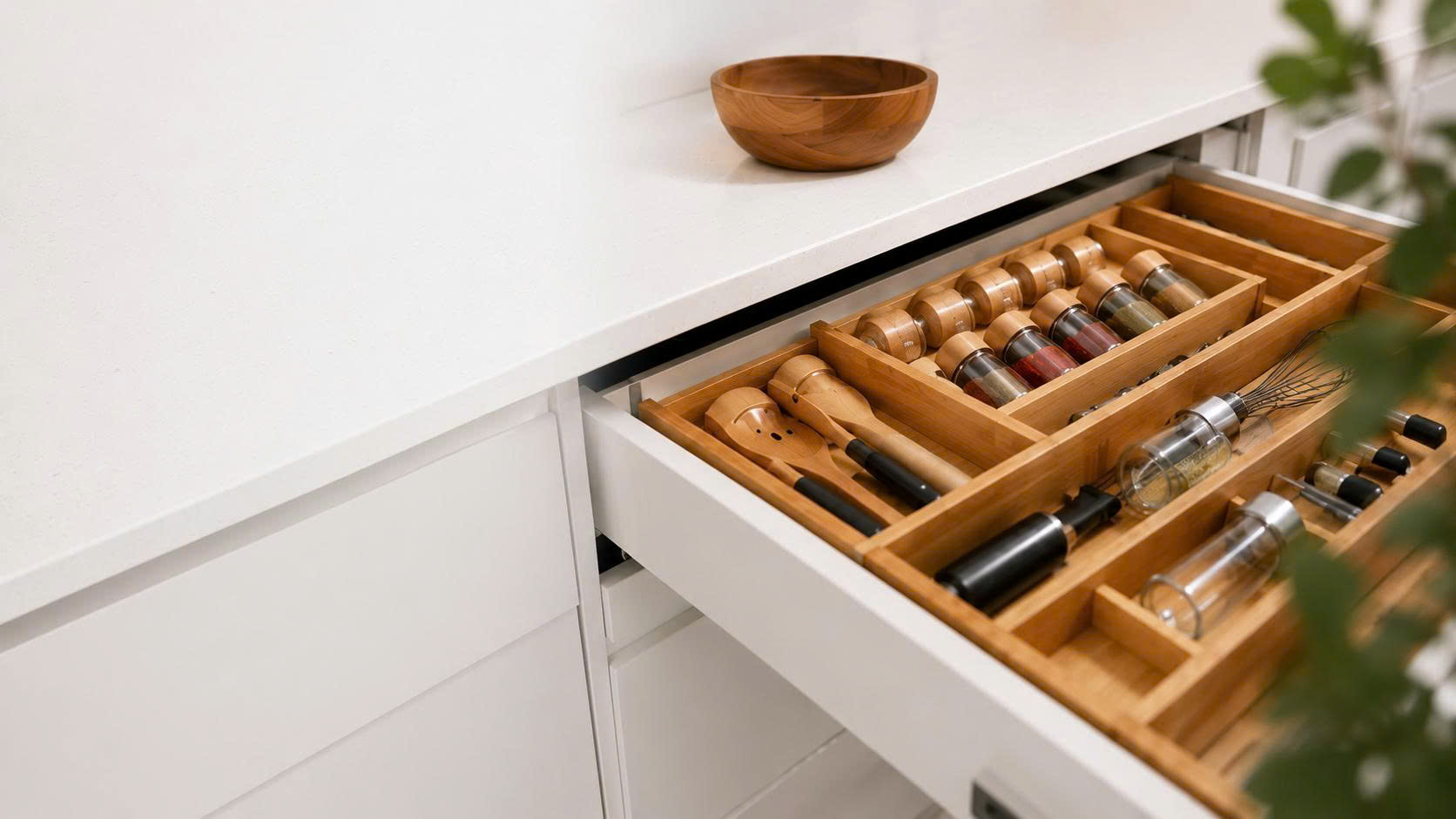 Bamboo drawer organizer in kitchen